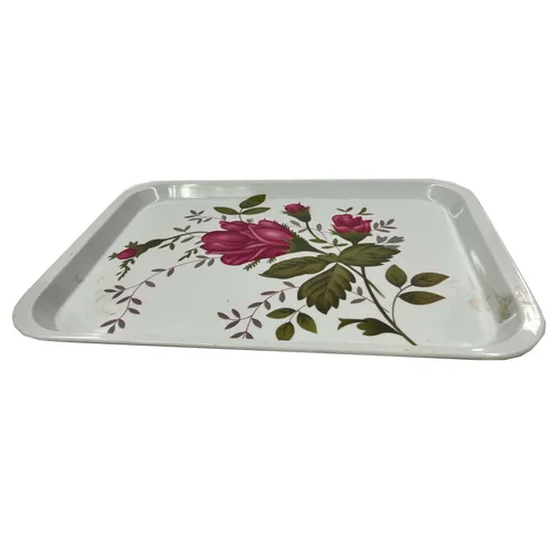 White Plastic Tray with Pink Roses - TR372