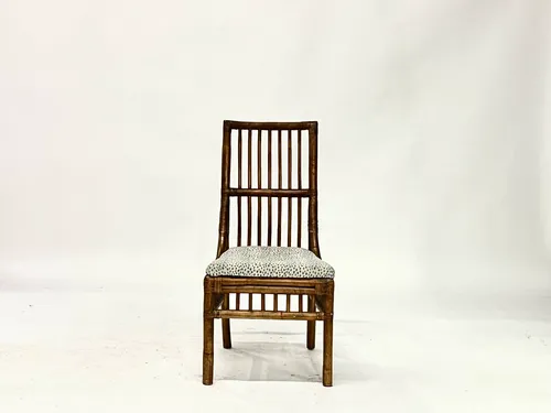 Brown Bamboo Side Chair with Blue & White Animal Print Cushion