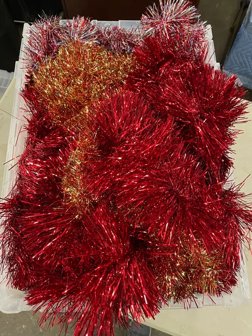 Bin of Red Tinsel Garland