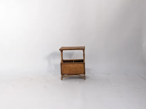 Mid-Century Wicker & Rattan Side Table With Magazine Rack