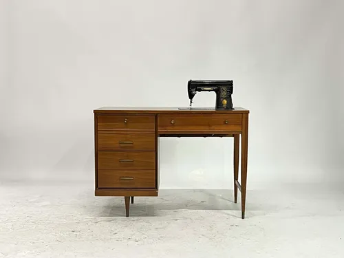 Vintage Mid-Century Modern Walnut Desk with Black Singer Sewing Machine