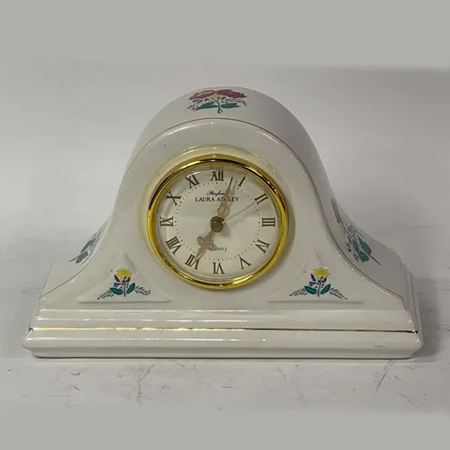 White & Gold Ceramic Clock With Painted Floral Detail - A760