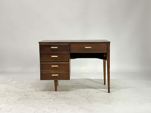 Vintage Mid-Century Modern 5-Drawer Walnut Sewing Desk with Brass Handles
