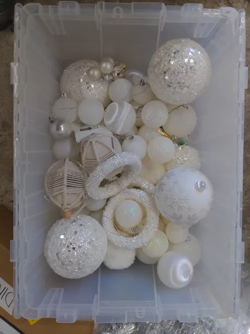 Bin of Assorted White Ornaments