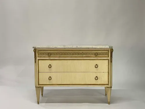 Yellow & Gold Antique Louis XVI 3-Drawer Dresser with Marble Top