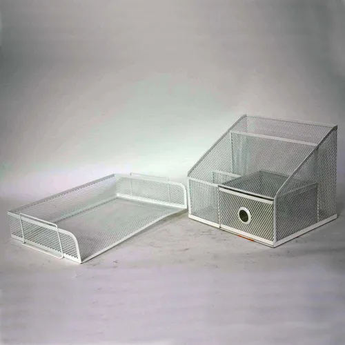 2pc White Metal Mesh Desk Organizer Set - OF247