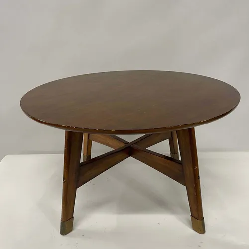 Round Wood Coffee Table with Brass Capped Feet - TAB325