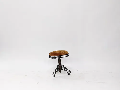 Antique Victorian Cast Iron & Wood Upholstered Piano Stool with Tassels