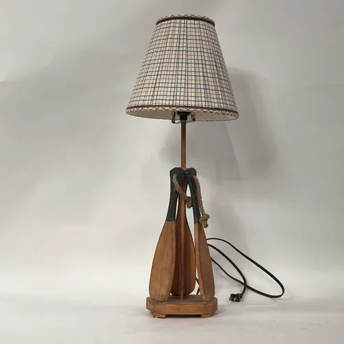 Wooden Kayak Paddle Table Lamp with Plaid Shade - LI182
