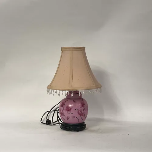 Vintage Pink Orchid Table Lamp with Wood Base & Beaded Shade - LI139