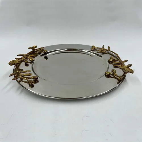 Stainless Steel Tray with Brass Floral Handles - TR360