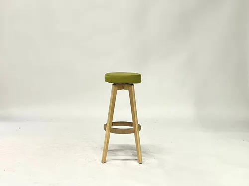 Modern Round Green Upholstered Wood Bar Stool with Hemp Rope Footrest