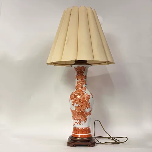 Ceramic White & Orange Floral Table Lamp with Scallop Shade - LI195