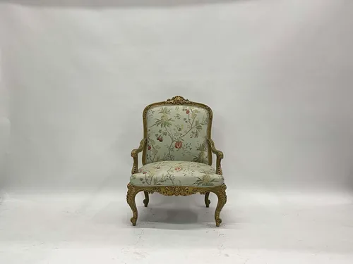 Mint Green Tropical Floral Louis XV Armchair with Gold Frame