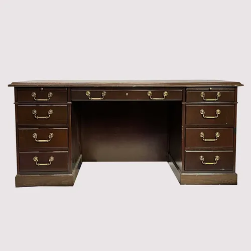 Traditional Solid Dark Wood 9-Drawer Executive Desk with Brass Handles
