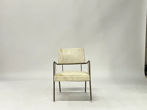 Vintage White Leather & Brass Armchair