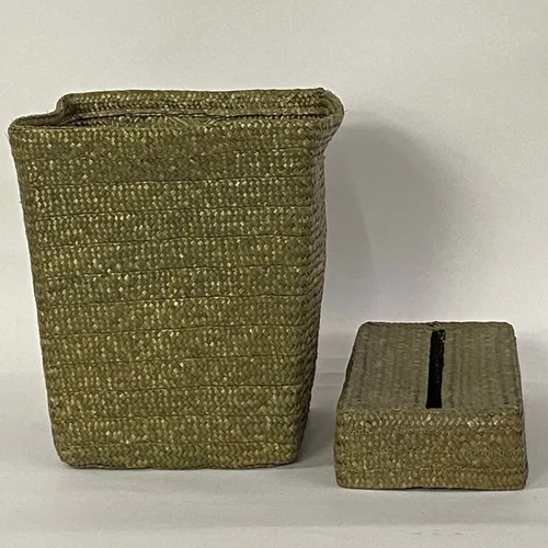 Vintage Green Seagrass Tissue Box Cover & Trash Bin Set - BSKT76