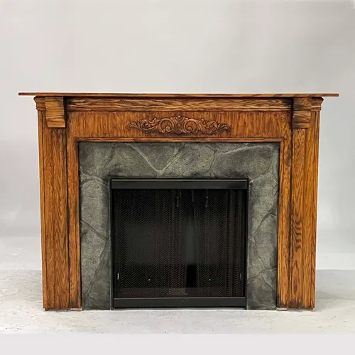 Carved Oak Wood & Stone Decorative Fireplace