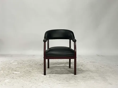 Cherry Wood & Black Leather Armchair with Brass Studs