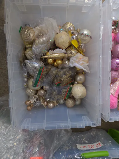 Bin of Assorted Champagne Gold Ornaments