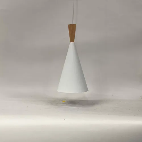 Mid-Century White & Wood Cone Pendant - LI522