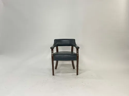 Navy Blue Leather Barrelback Chair with Brass Studs