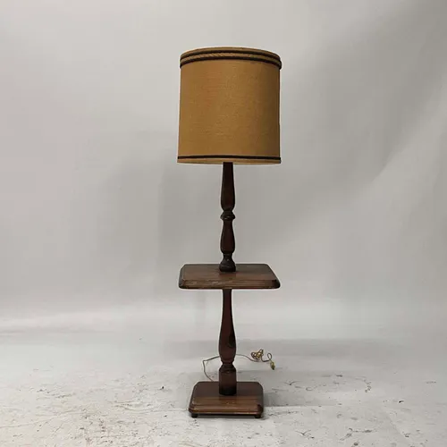 Antique Wood Floor Lamp End Table with Woven Shade - LI418