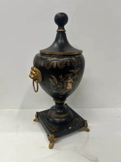 Black and Gold Urn With Lion Head Detail