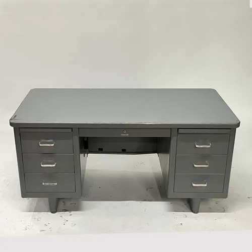 Vintage Mid-Century 6-Drawer Gray Tanker Desk with Pontoon Legs