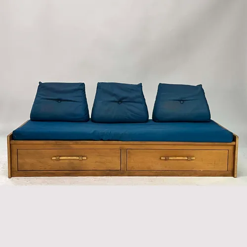 Wooden 3-Seater Blue Daybed with 2-Drawer Under Bed Storage