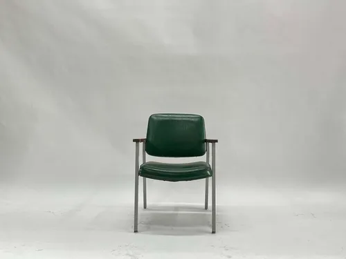 Emerald Green Leather Chair with Wooden Armrests