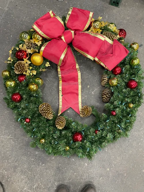 Large Light-Up Pine Wreath with Red and Gold Ornaments and Bow