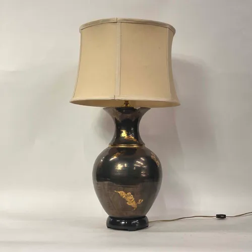 Aged Bronze & Brass Table Lamp with Beige Shade - LI333