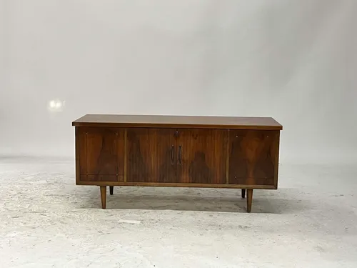 Mid-Century Modern Walnut Locking Media Console with Carved Line Details