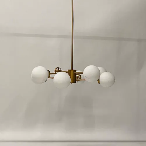 Mid-Century Brass & White Globe Chandelier - LI465