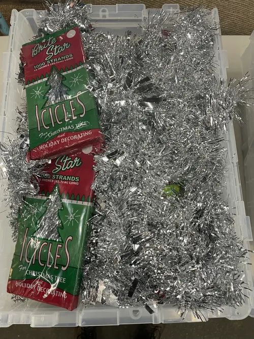 Bin of Assorted Silver Tinsel Garland