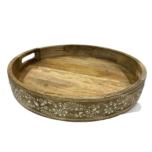 Wood & Rhinestone Floral Motif Round Tray - TR404