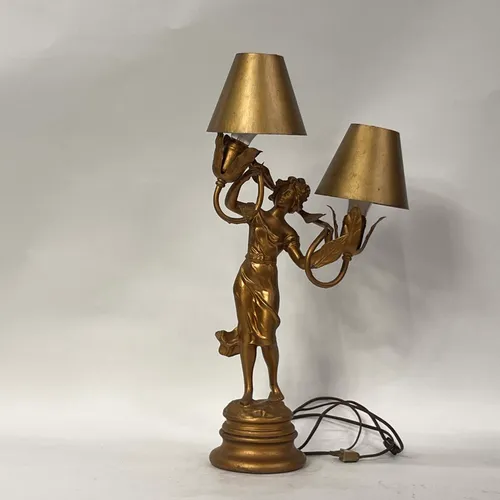 Vintage Art Nouveau Brass Lady Figure 2-Light Table Lamp - LI158