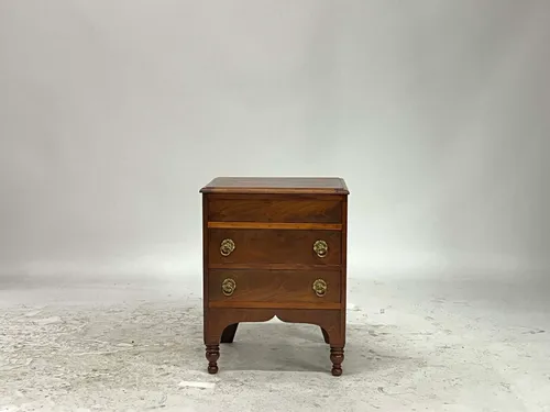 Antique Early American Wood 2-Drawer Nightstand with Removable Top & Brass Floral Pulls