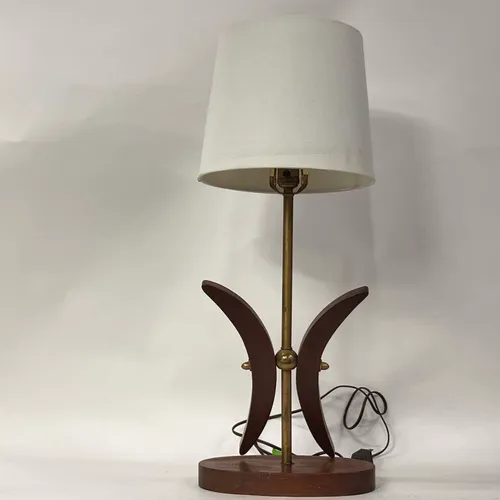 Walnut & Brass Boomerang Table Lamp with White Shade - LI194