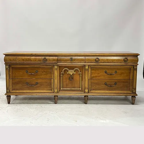 20th Century Italian Bullnose Dresser with Floral Carvings & Burl Wood Veneer
