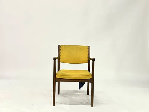 Mid Century Walnut & Yellow Upholstered Studded Armchair