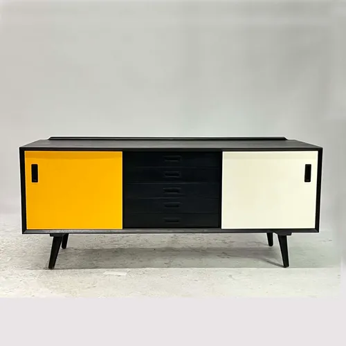 Yellow Black & White Modern Media Console with Inset Handles
