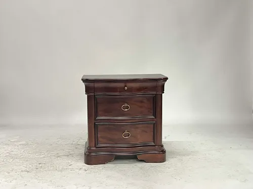 Traditional English Dark Wood 3-Drawer Nightstand with Brass Ring Pulls