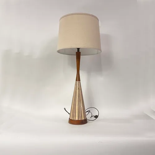 Tall Mid-Century Modern Walnut & Ceramic Table Lamp with Beige Shade - LI210