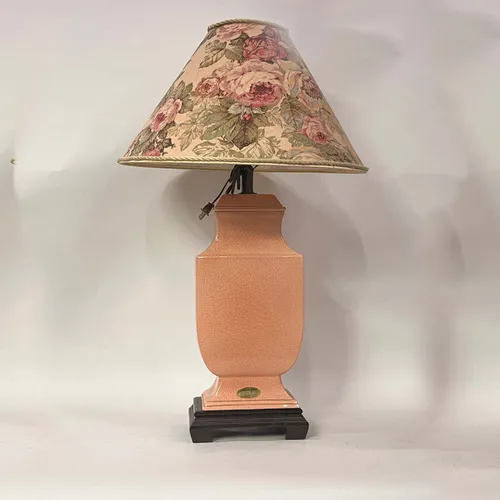 Salmon Pink Crackle Ceramic Table Lamp with Floral Shade - LI149