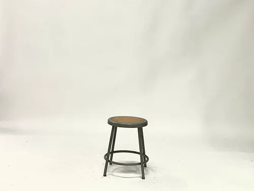 Round Gray Metal Lab Stool with Wood Seat