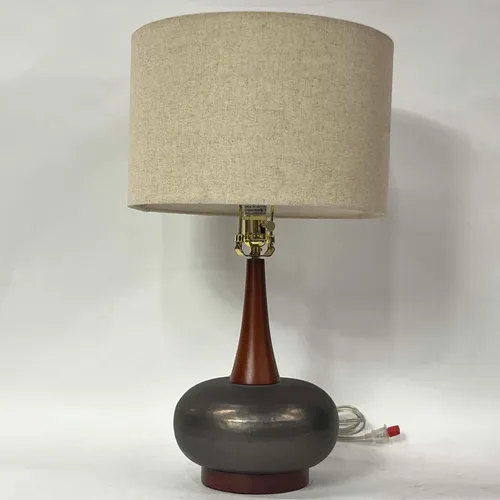 Walnut Wood & Dark Gray Ceramic Modern Table Lamp with Beige Shade - LI86