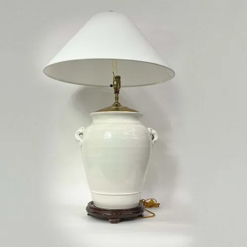 White Ceramic Jug Table Lamp with Wood Base & White Shade - LI103