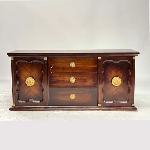 Antique Mahogany Credenza with Oversized Gold Floral Knobs